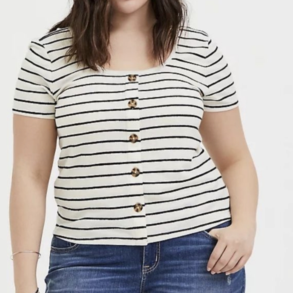 Torrid Ivory Black Striped Button Down Short Sleeve Boho Neutral Blouse Size 2X